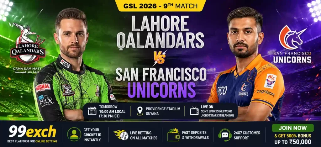 Lahore Qalandars vs San Francisco Unicorns GSL 2026 match banner featuring players, team logos, Providence Stadium, Guyana, live cricket match prediction, Dream11 tips, and 99exch cricket betting platform.